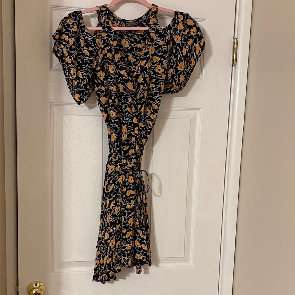 Angie Wrap Around Dress with Black and Yellow Floral Design